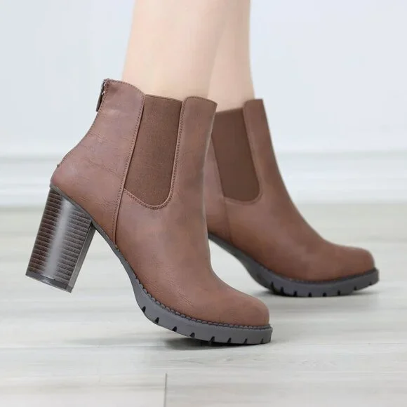 Womens Ankle Boots Lug Block Heel Brown Synthetic Leather Round Toe Elastic Gore - Picture 3 of 11